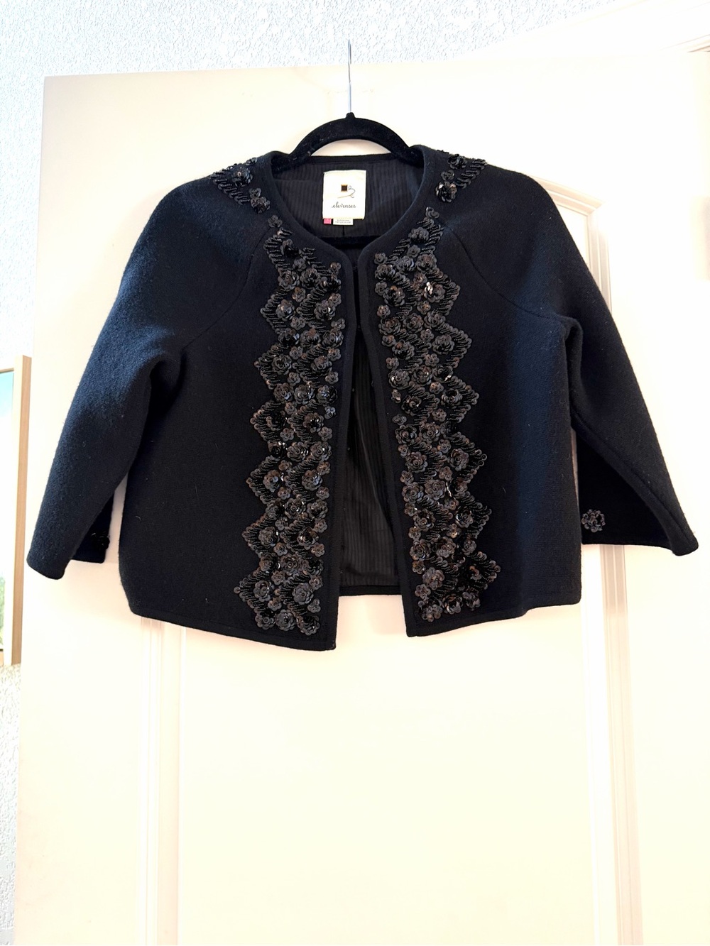 Anthropologie Elevenses Boiled Wool Cropped Jacket. Embellished w Sequins. Event